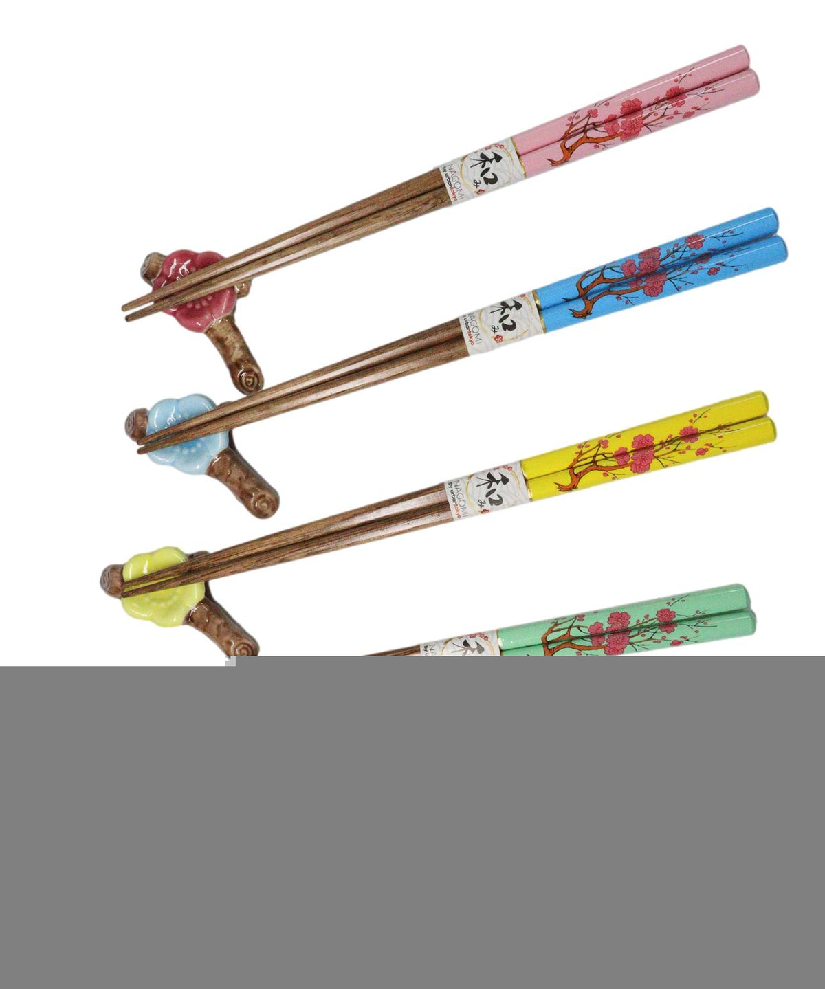 5 Pairs Of Ume Plum Blossoms On Branch Ceramic Rests With Wooden Chopsticks Set