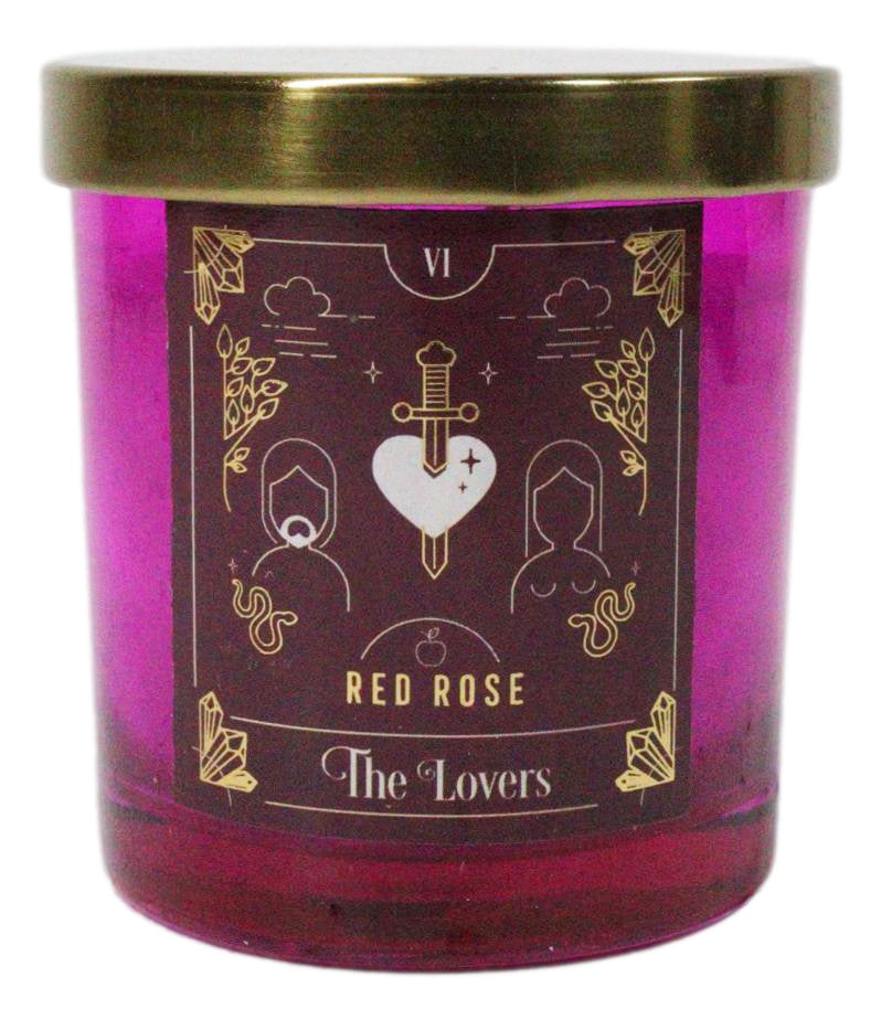 Wicca Witchcraft Mystic Tarot The Lovers Red Rose Scented Pillar Candle Gold Lid