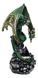 Metallic Green and Gold Rune Dragon Guarding Glass Prism Crystals Figurine 10"H