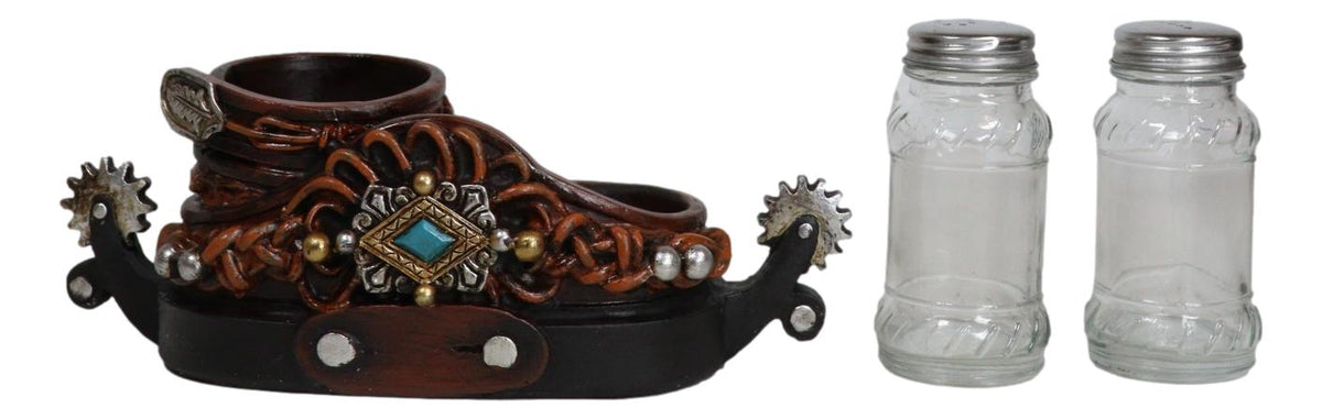 Western Cowboy Double Boot Spurs And Concho Faux Leather Salt Pepper Shakers Set - Ebros Gift