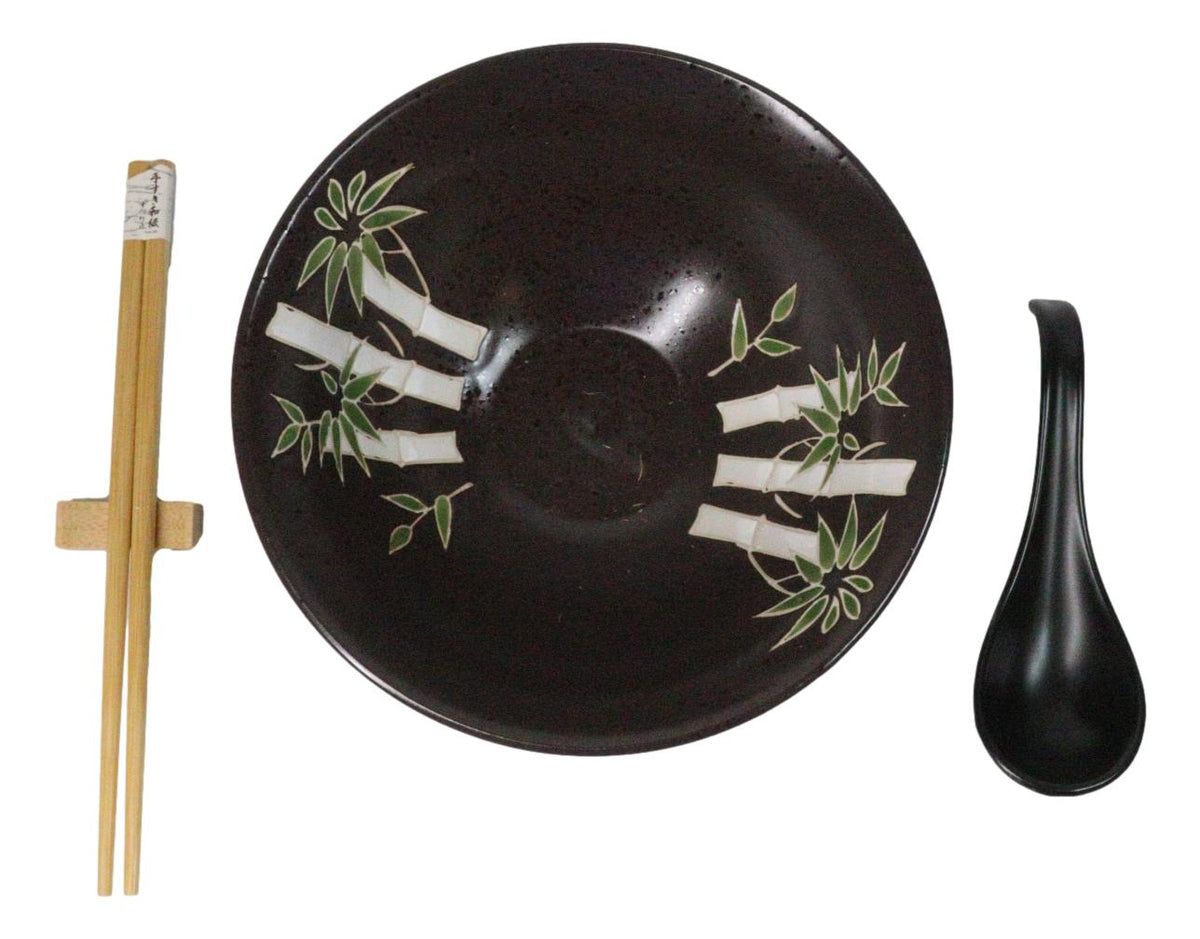 Green Bamboo Forest Black Ceramic Ramen Bowl Soup Spoon Chopsticks And Rest Set