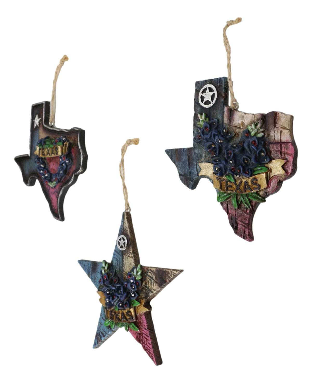 Western Texas Bluebonnet Lone Star State Map Wall Or Tree Ornaments Set of 3