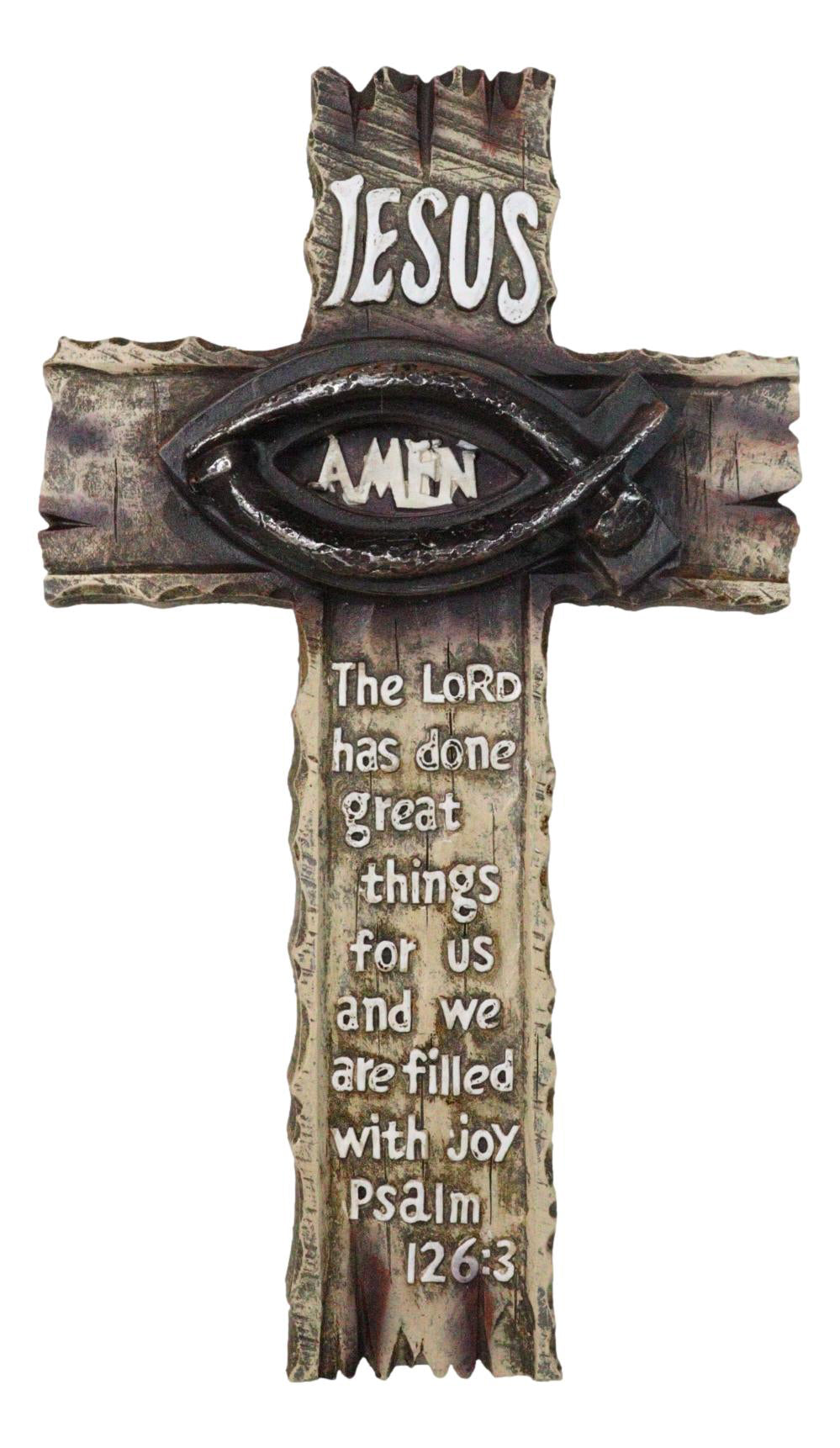 Ichthys Fish Spike Nails Jesus with Scriptural Psalm 126 Faux Wood Wall Cross