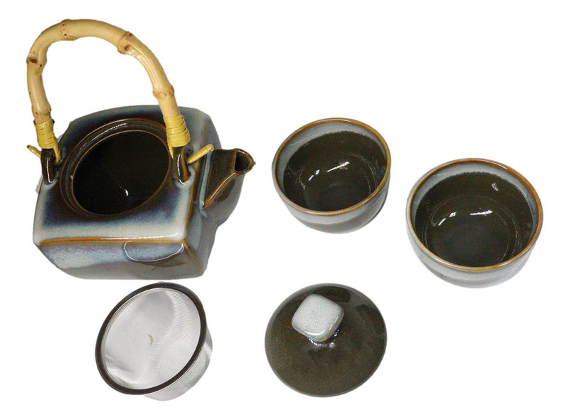 Olive Green White Sands Zen Fusion Reactive Glaze 32oz Teapot And 2 Tea Cups Set