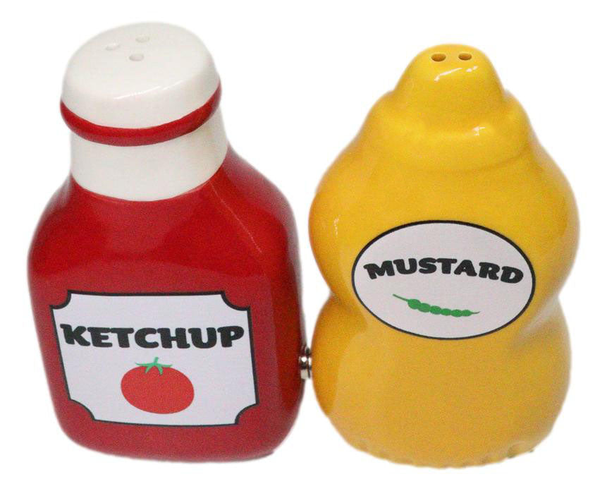 All American Red Ketchup And Yellow Mustard Ceramic Salt And Pepper Shakers Set
