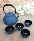 Gray Vertical Lines Design Tetsubin Cast Iron Teapot 33oz And 4 Tea Cups Set