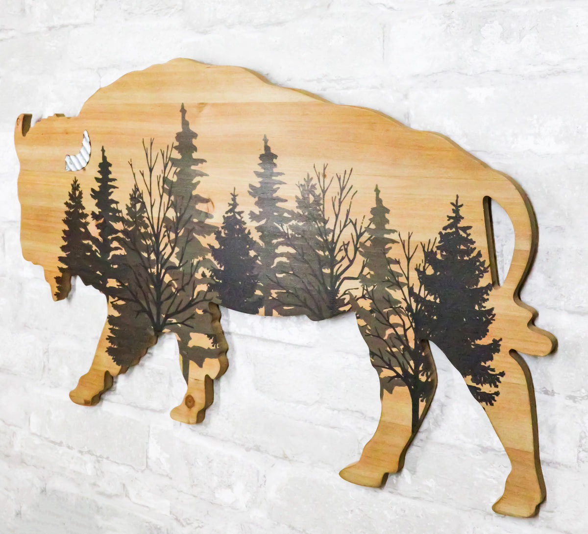 Western Bison Buffalo With Forest Silhouette Wooden Plank Cutout Wall Decor