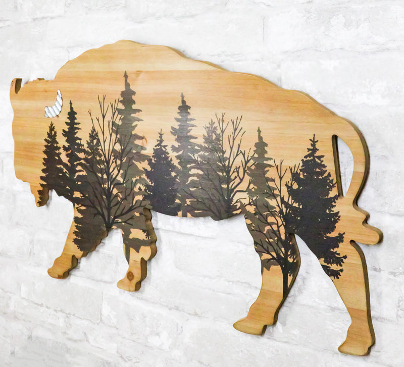 Western Bison Buffalo With Forest Silhouette Wooden Plank Cutout Wall Decor