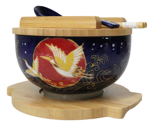 Red Moon Golden Crane Donburi Ramen Bowl With Lid Trivet Spoon Chopsticks Set - Ebros Gift
