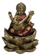 Hindu Deity Goddess Saraswati With Veena Guitar On Lotus Flower Mini Figurine