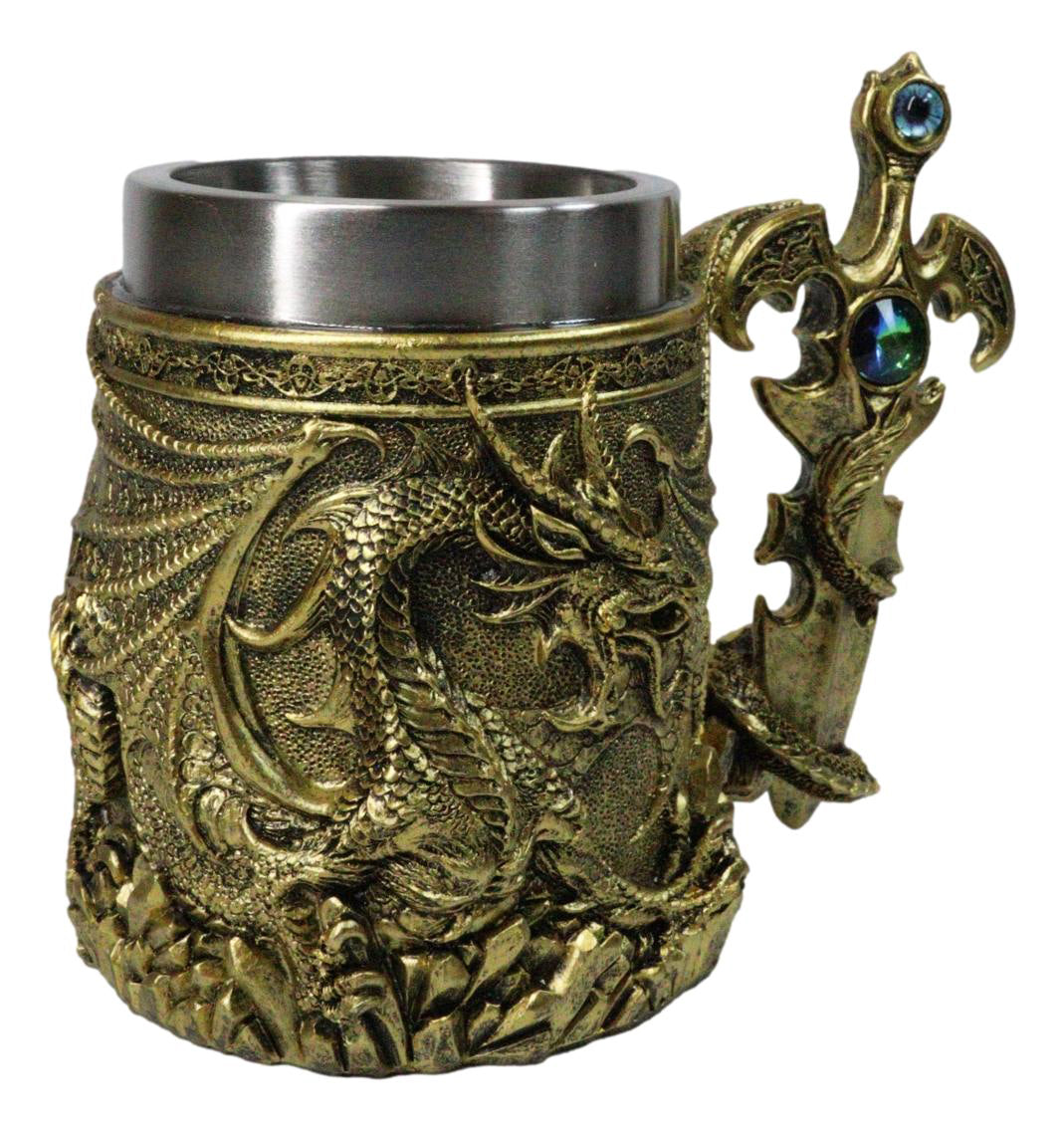Large Golden Dragon Mug with Jeweled Sword Handle Medieval Fantasy Tankard 20oz