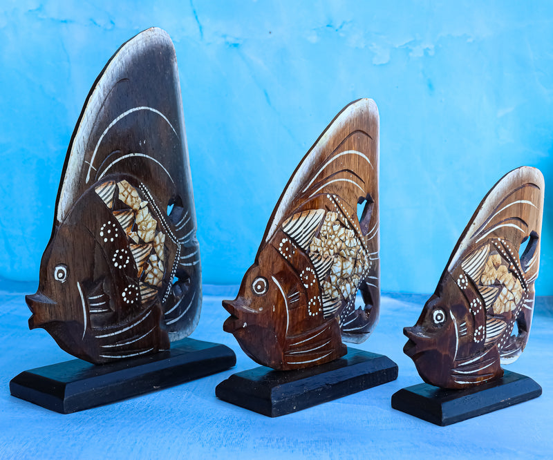 Balinese Wood Handicrafts Tribal Patterned Angel Fish Family Set of 3 Figurines