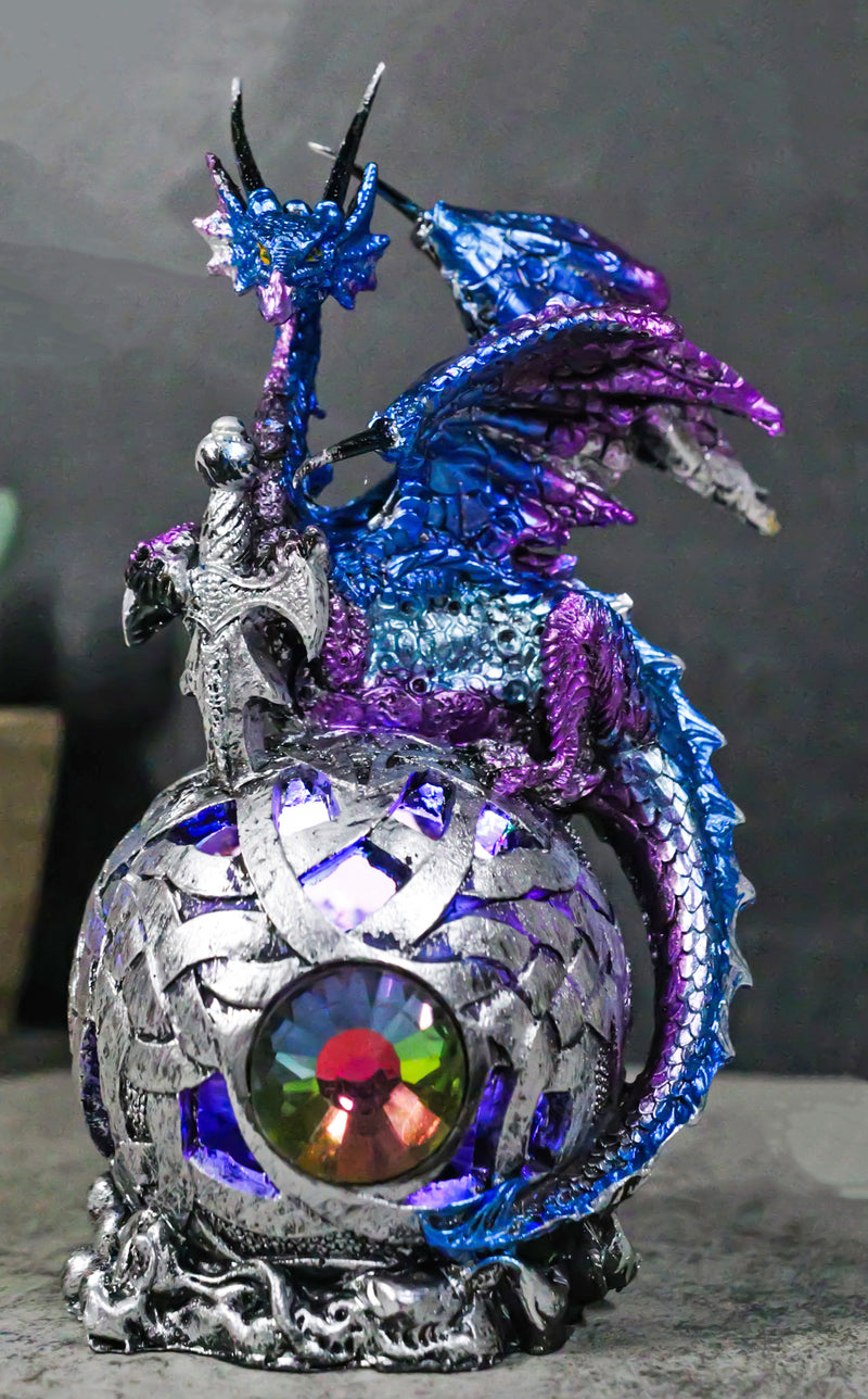 Metallic Blue Midnight Dragon Perching On Colorful LED Orb Night Light Figurine