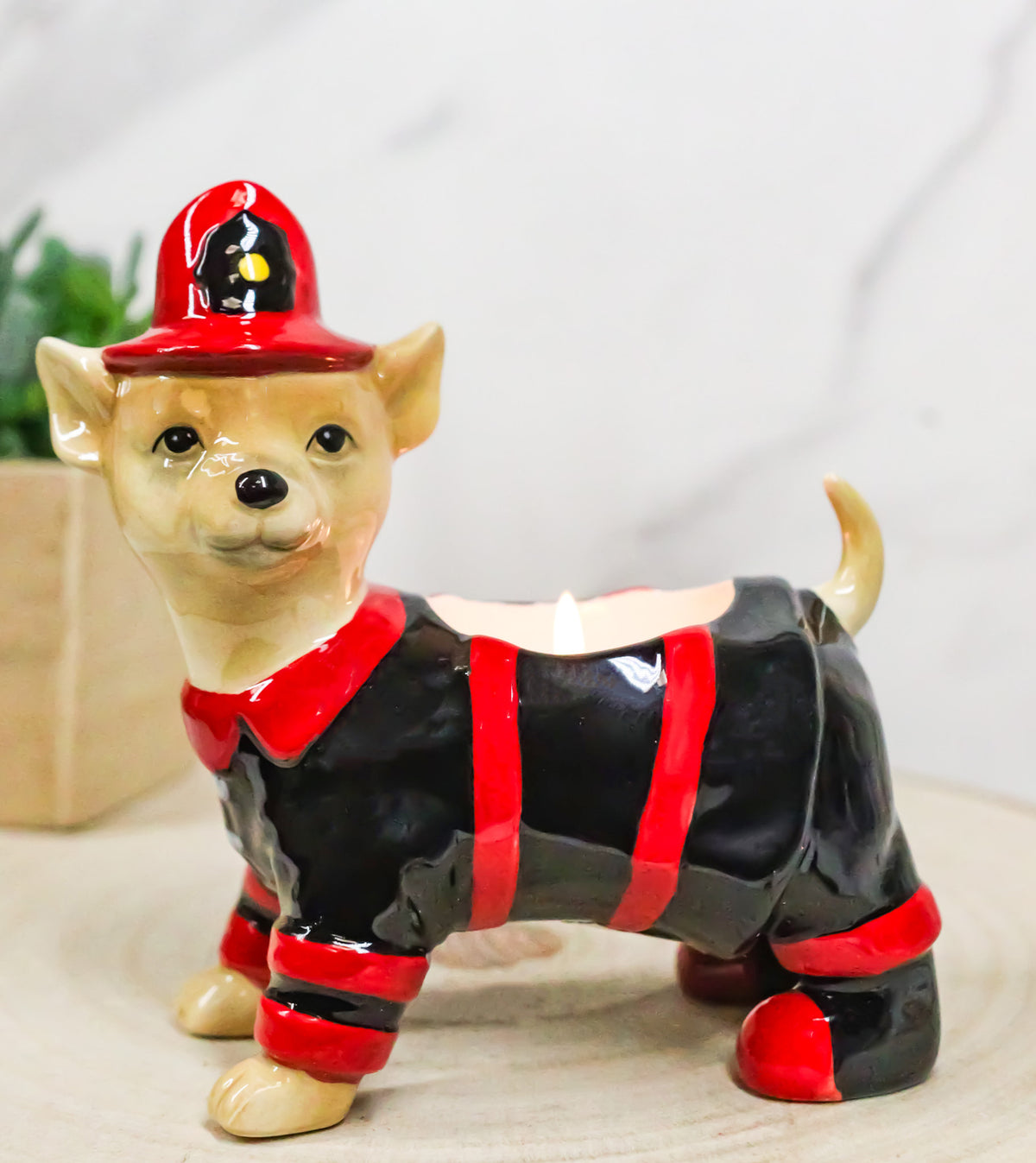 Happy Birthday Fireman Frank In Fire Gear Dog Ceramic Tea Light Candle Holder