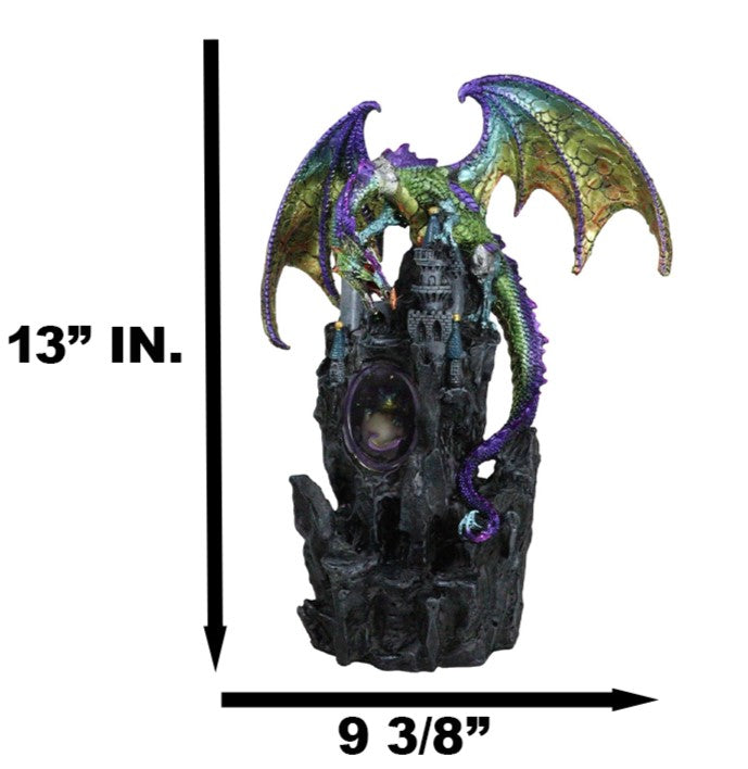 Large Rainbow Dragon On Castle Statue With Wyrmling In Egg LED Light Glass Ball - Ebros Gift