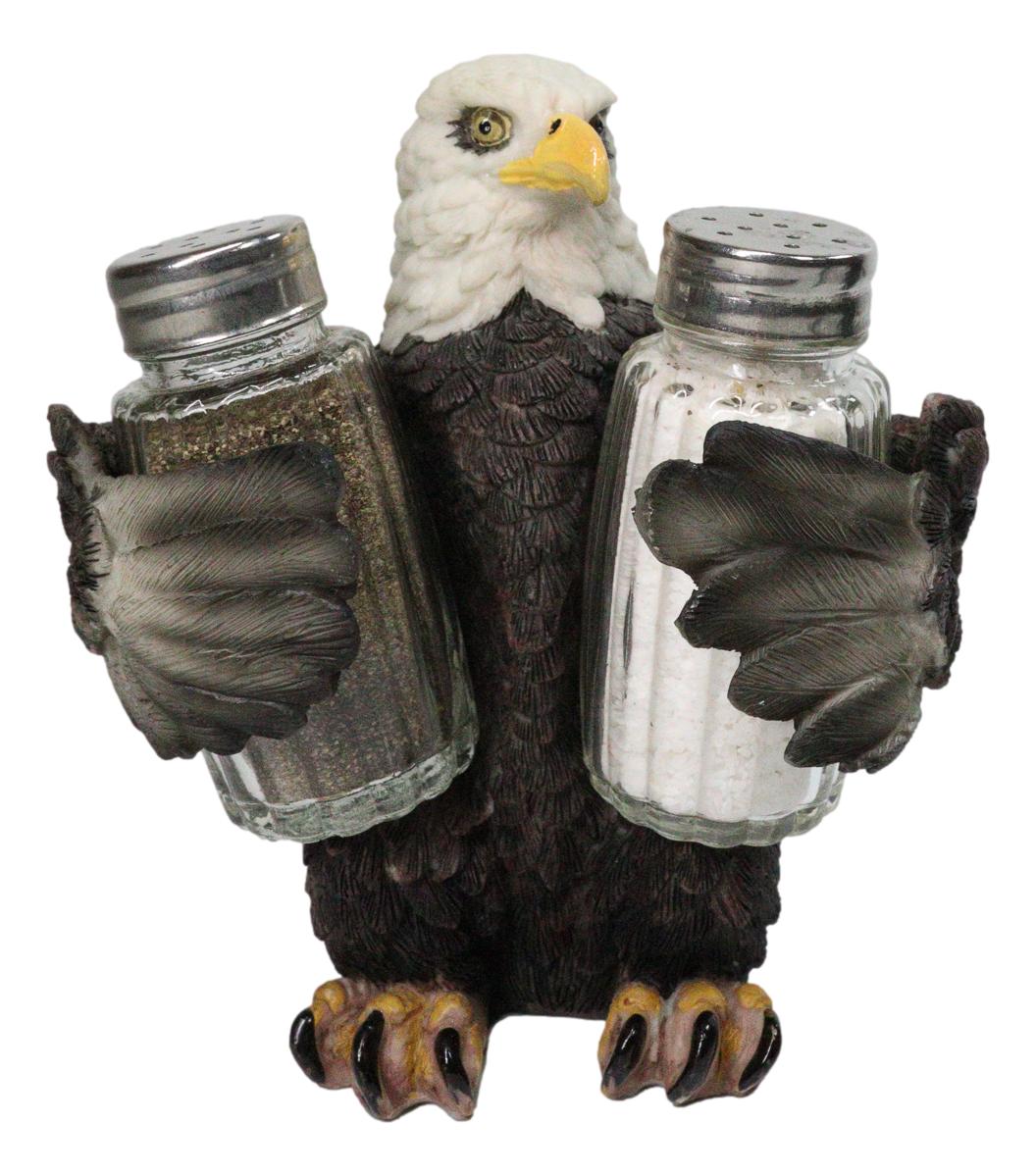 American Patriotic Bald Eagle Salt and Pepper Shaker Holder With Glass Shakers