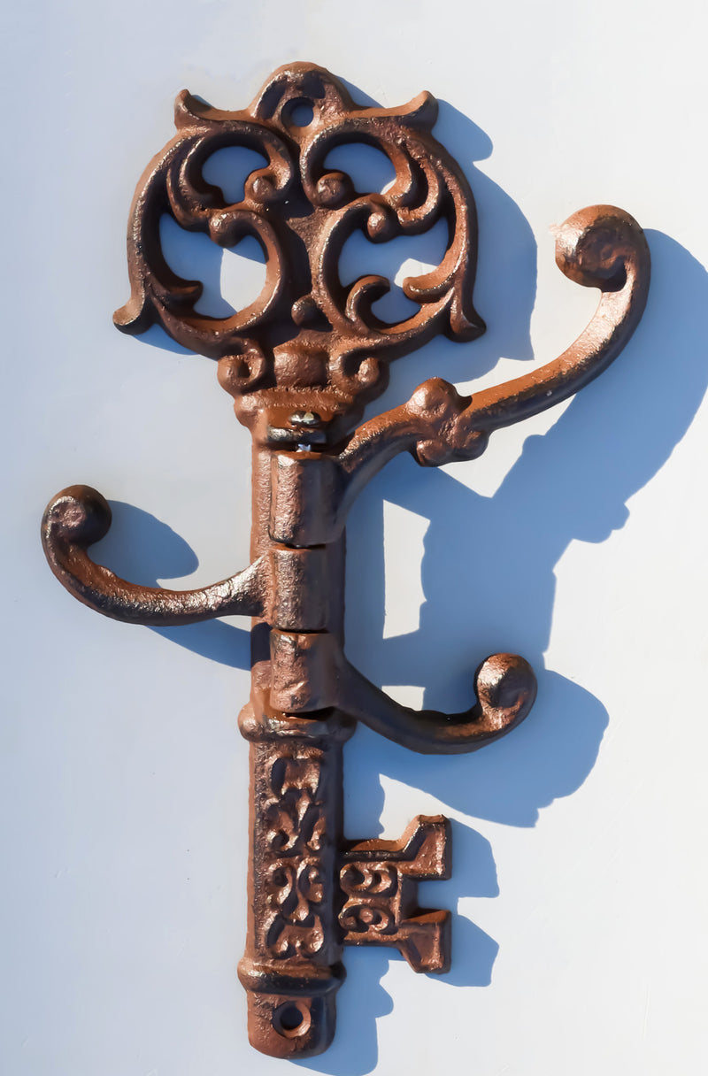 Pack of 2 Cast Iron Rustic Victorian Ornate Key Shaped Swivel Triple Wall Hook
