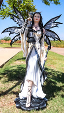 Large 4 Ft Spell Caster Winter Fairy With Dragon And Solar LED Lantern Statue