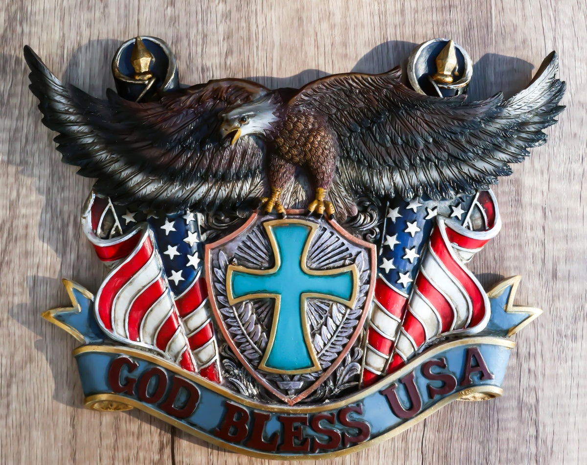 Patriotic Flags Bald Eagle On Cross Crest God Bless USA Wall Plaque Sculpture - Ebros Gift