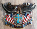 Patriotic Flags Bald Eagle On Cross Crest God Bless USA Wall Plaque Sculpture