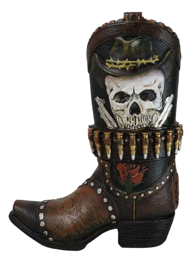 Rustic Western Wild West Skull with Dual Pistols Bullets Cowboy Boot Vase Holder