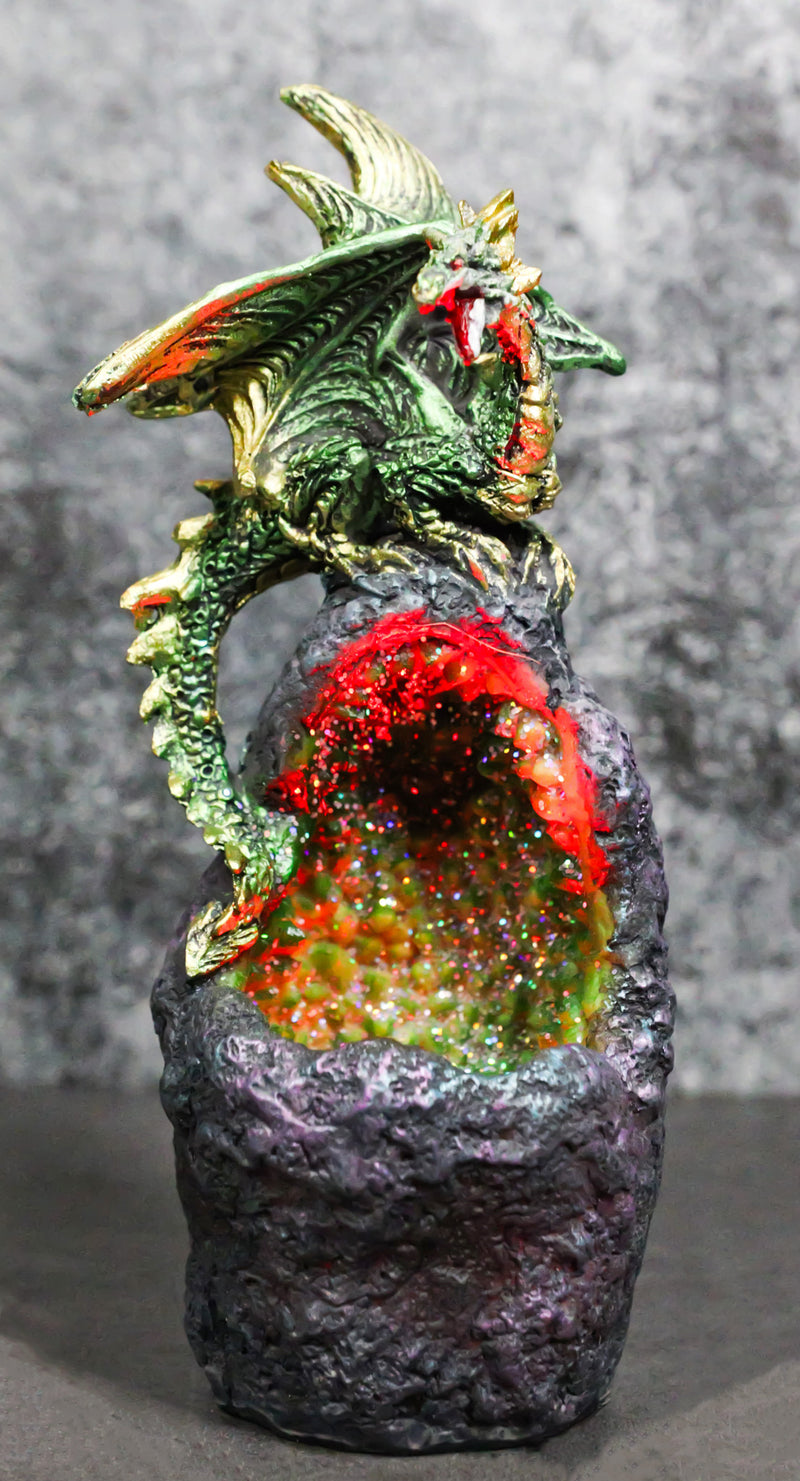 Metallic Green Gold Meteorite Dragon On Faux Geode Crystal Cavern Rock Figurine