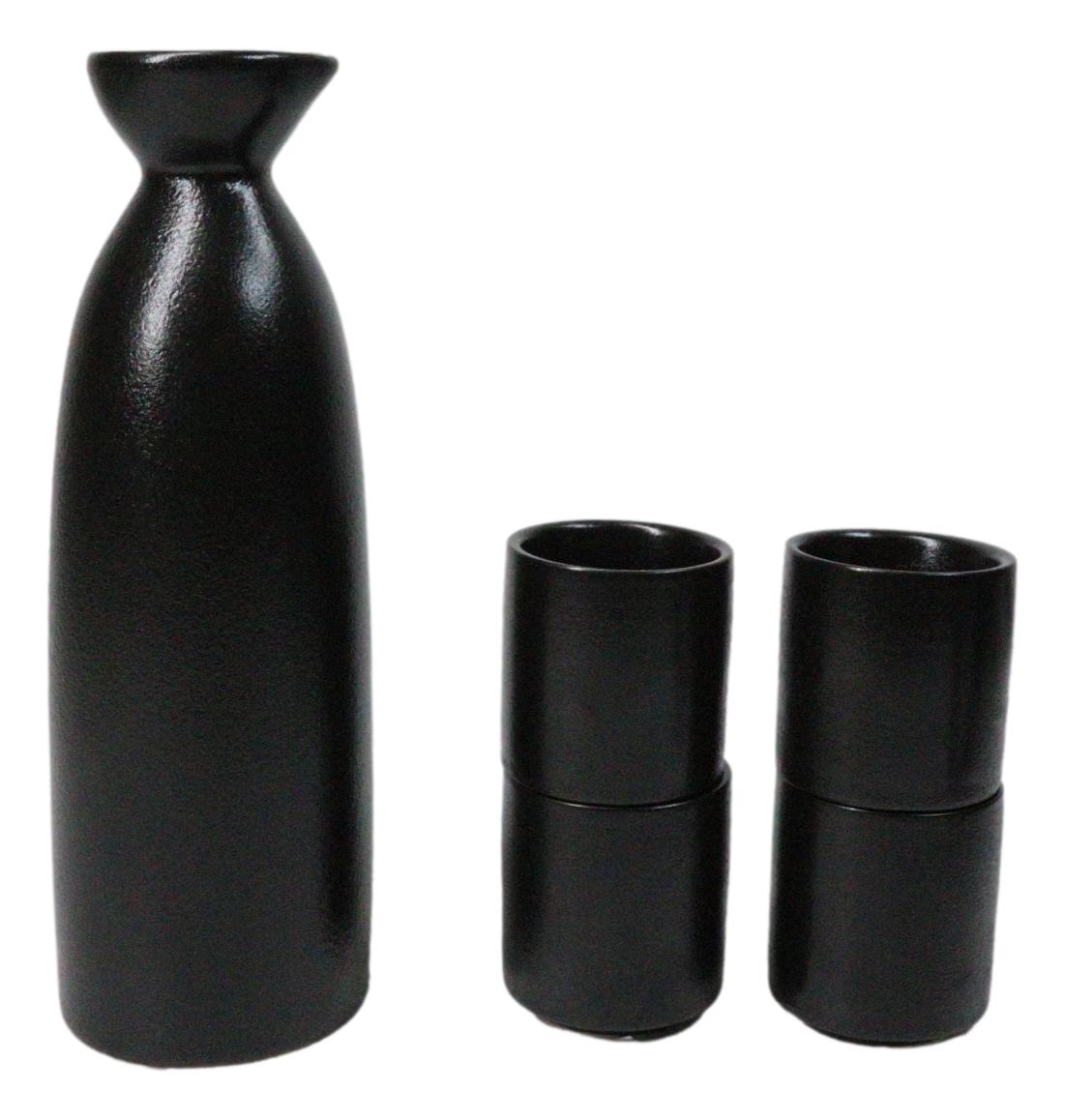 Minimalistic Black Kokuyo Porcelain Sake Carafe Flask 9oz & 4 Ochoko Cups Set