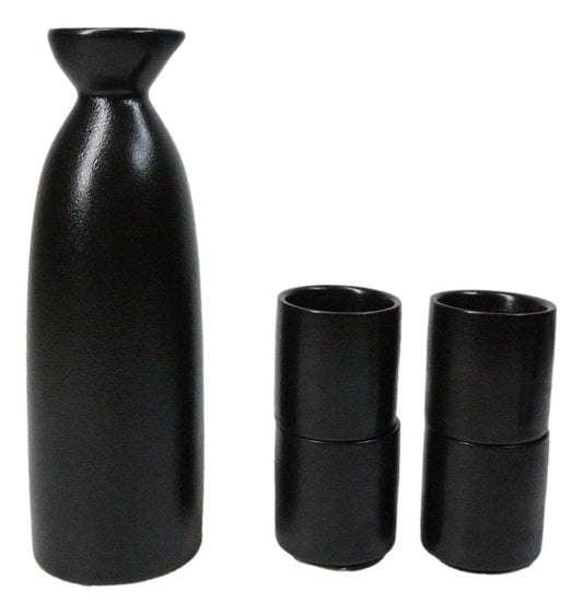Minimalistic Black Kokuyo Porcelain Sake Carafe Flask 9oz & 4 Ochoko Cups Set