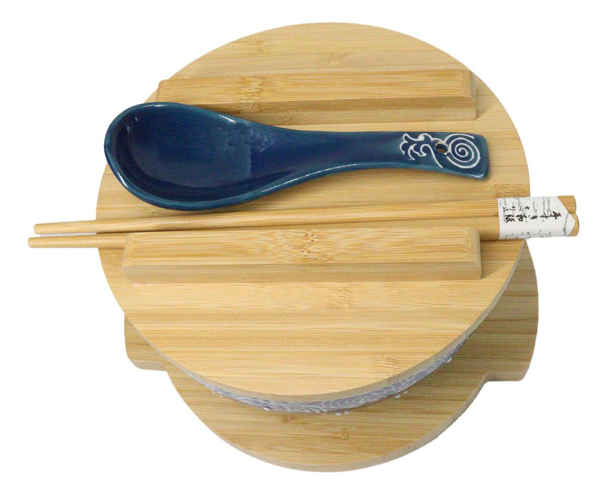 Blue Nami Waves Surf Donburi Ramen Bowl With Lid Trivet Spoon Chopsticks Set