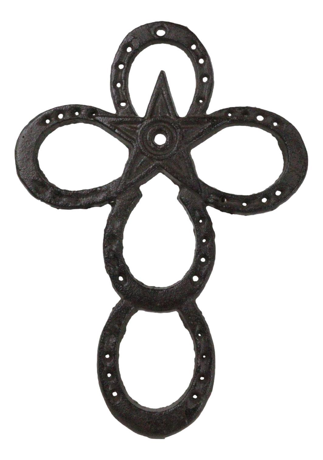 Set Of 2 Cast Iron Rustic Western Horseshoes And Lone Star Christian Wall Cross - Ebros Gift