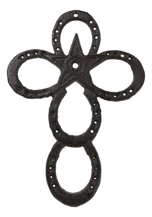 Set Of 2 Cast Iron Rustic Western Horseshoes And Lone Star Christian Wall Cross - Ebros Gift