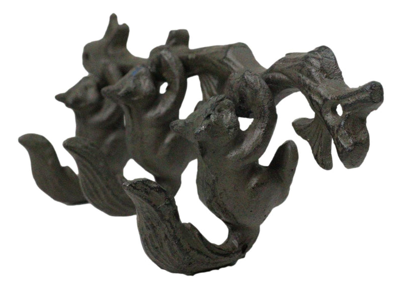 Rustic Country Cast Iron Squirrel On Tree Branch 4-Peg Wall Coat Hooks 13"L