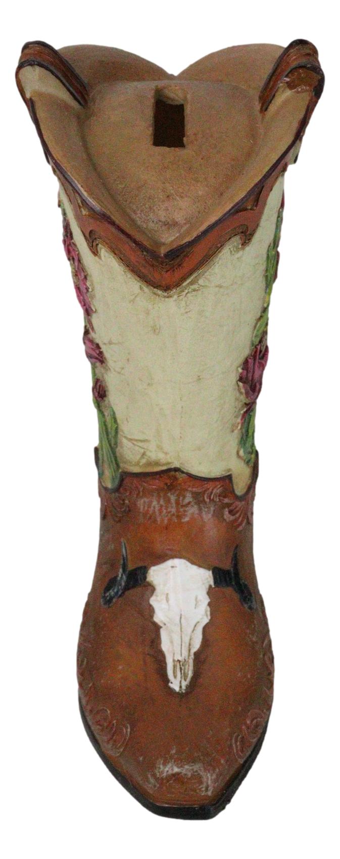 Country Western Texas Longhorn Cow Skull With Rose Cactus Cowboy Boot Money Bank