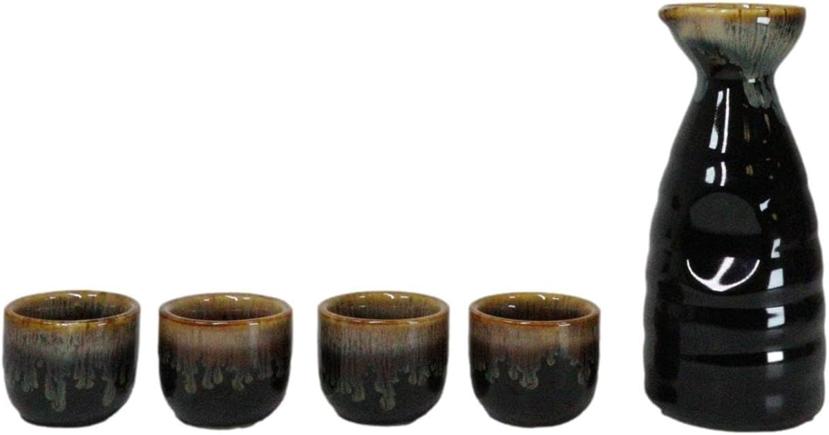 Glazed Ceramic Brown White Waterfall Japanese Sake Tokkuri Flask And 4 Cups Set