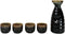 Glazed Ceramic Brown White Waterfall Japanese Sake Tokkuri Flask And 4 Cups Set