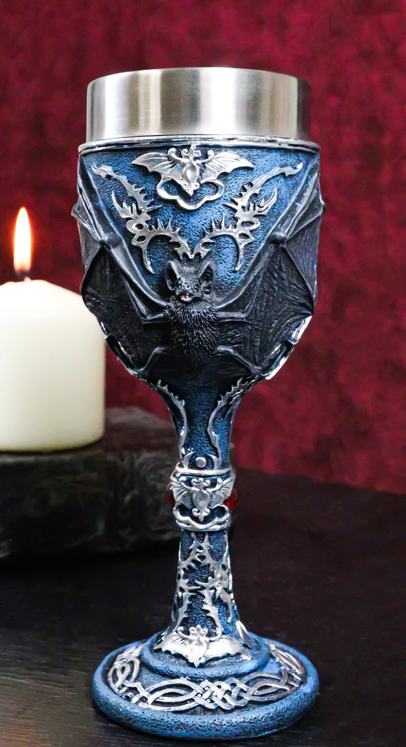 Vampire Flying Bat Blue With Silver Knotwork Scroll Patterns Wine Goblet Chalice