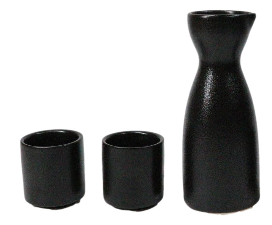 Minimalistic Black Kokuyo Porcelain Japanese Wine Sake Flask With 2 Cups Set