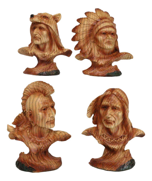 Set of 4 Native American Sioux Indian Tribal Warrior Chief Faux Wood Figurines - Ebros Gift