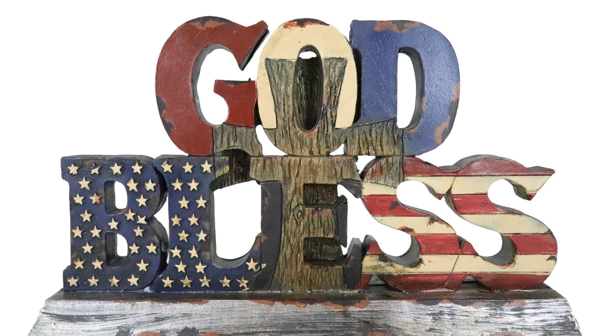 Rustic Western Patriotic United States Flag With Cross God Bless Desktop Plaque