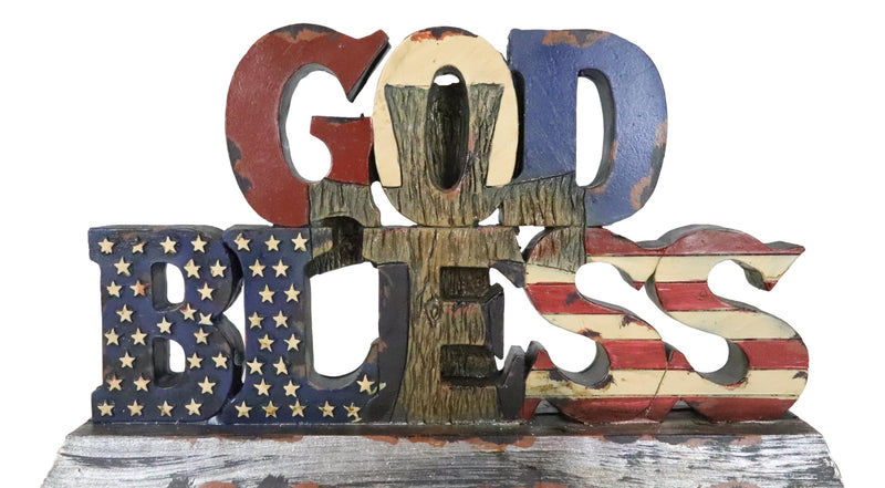 Rustic Western Patriotic United States Flag With Cross God Bless Desktop Plaque