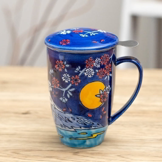 Blue Moon Fuji Mountain 15oz Porcelain Tea Mug With Lid Stainless Steel Infuser