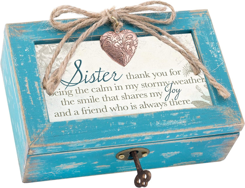 Sister Thank You Calm And Joy Locket Heart Teal Wood Musical Trinket Box 4"X6"