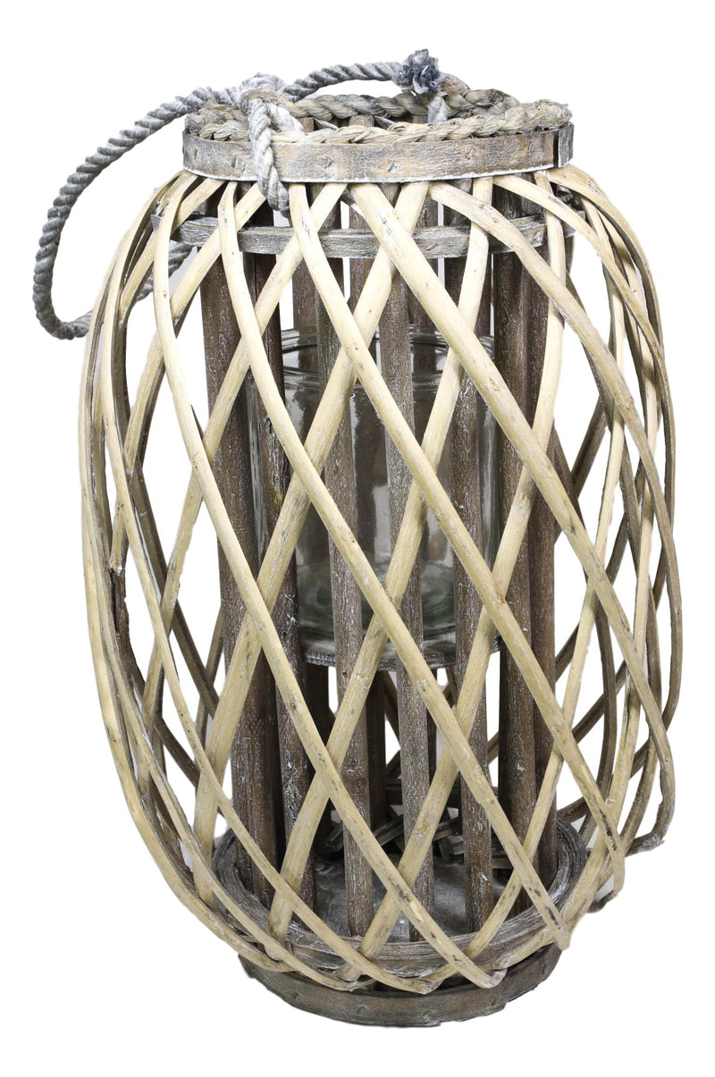 16"H Rustic Western Farmhouse Rattan Wood Willow Candle Lantern Candleholder