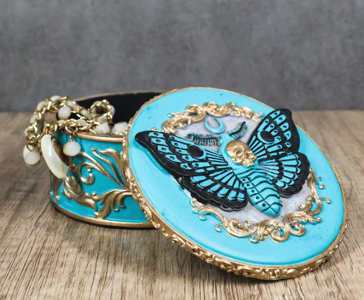 Turquoise And Gold Scrollwork Death Moth Skull Decorative Trinket Jewelry Box