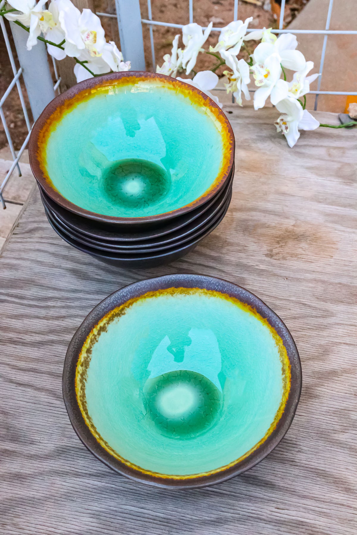 Pack Of 6 Crackle Green Midori Kannyu Ceramic Large Ramen Soup Bowls 47oz