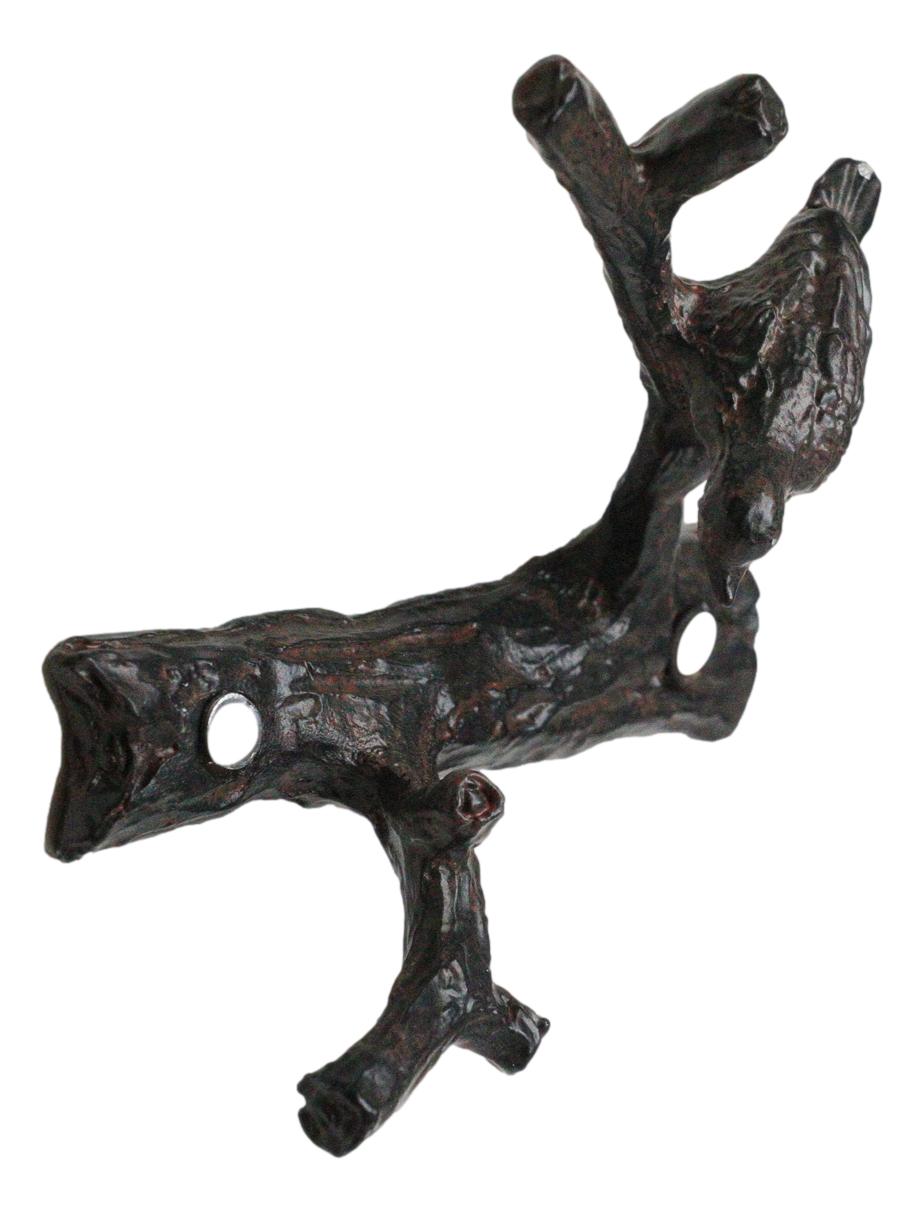 Set of 2 Cast Iron Rustic Bird Perching On Twig Branches 2-Pegs Wall Hooks