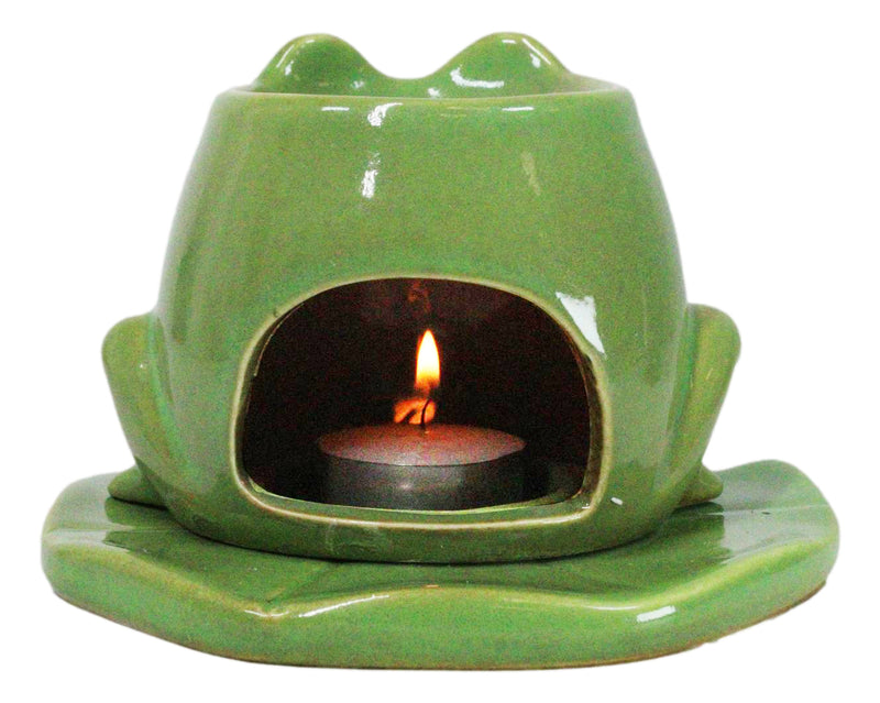 Whimsical Green Toad Frog On Lily Pad Ceramic Essential Oil Warmer Candle Holder