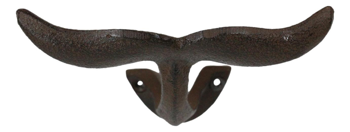 Set of 2 Cast Iron Nautical Baleen Blue Whale Tail Wall Coat Hooks Rust Bronze