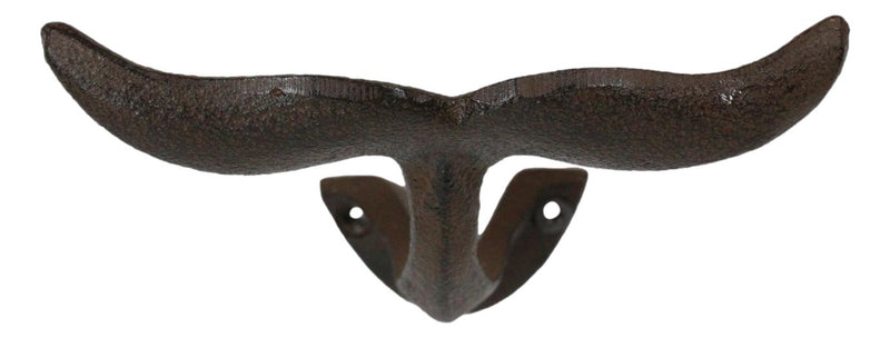 Set of 2 Cast Iron Nautical Baleen Blue Whale Tail Wall Coat Hooks Rust Bronze