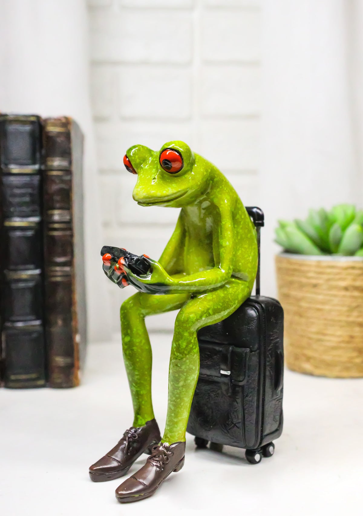 World Traveler Green Frog With Slack Shoes Sitting On Suit Case Luggage Figurine